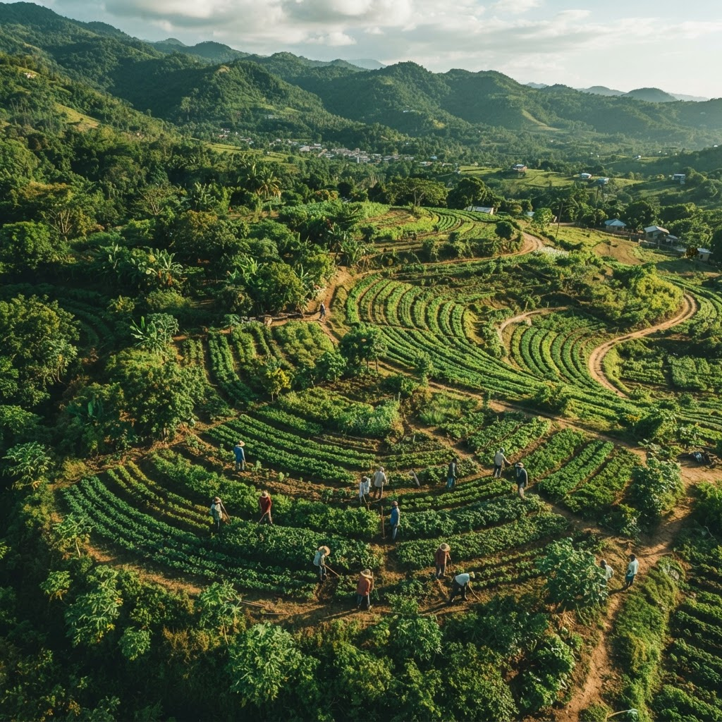 Aerial view of a regenerative farm in Haiti with crop rows