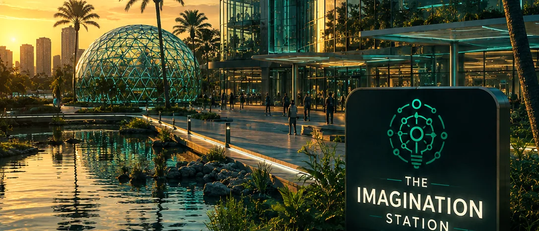 Rendering of the Imagination Station creative innovation campus in Orlando at sunset