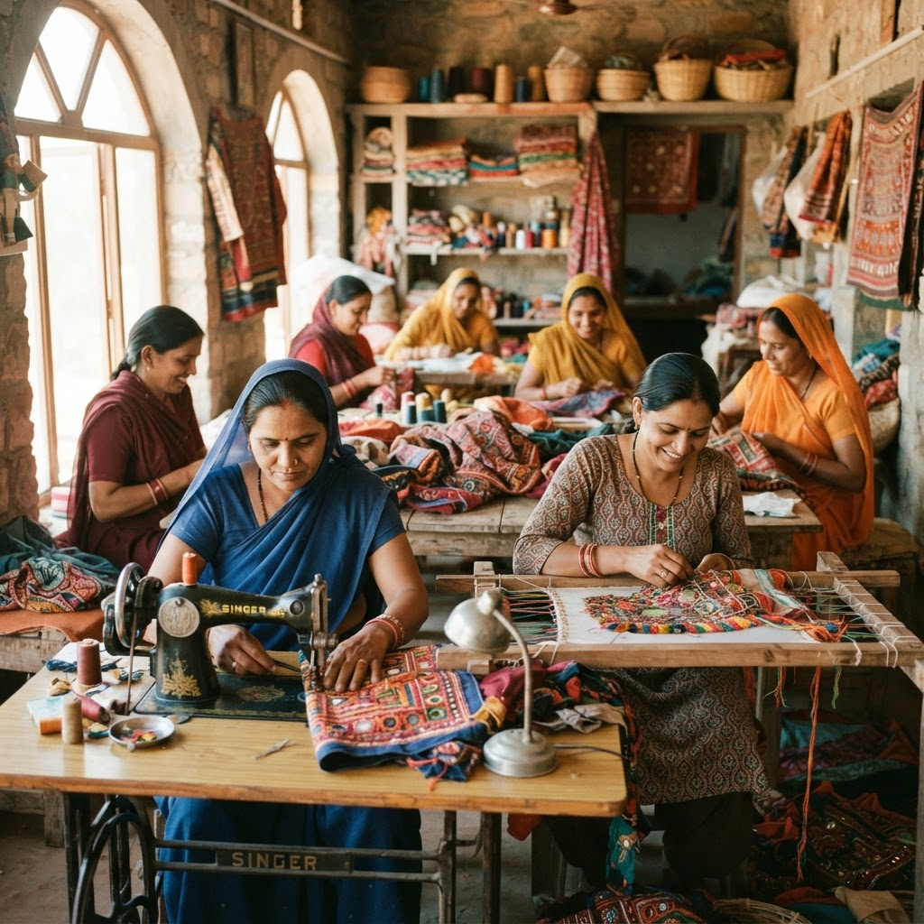 Women artisans sewing and embroidering in a sunlit workshop